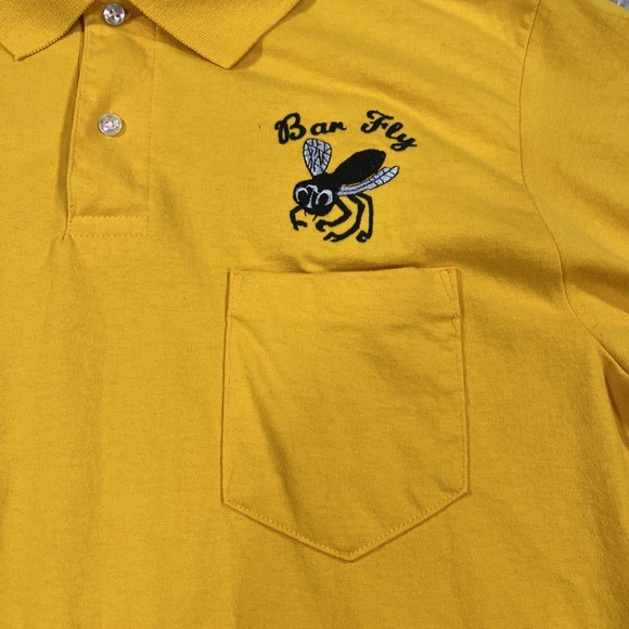 VTG JERZEES Single Stitch Polo Shirt Bar Fly Embroidered Yellow Men's L USA Made - Picture 2 of 8